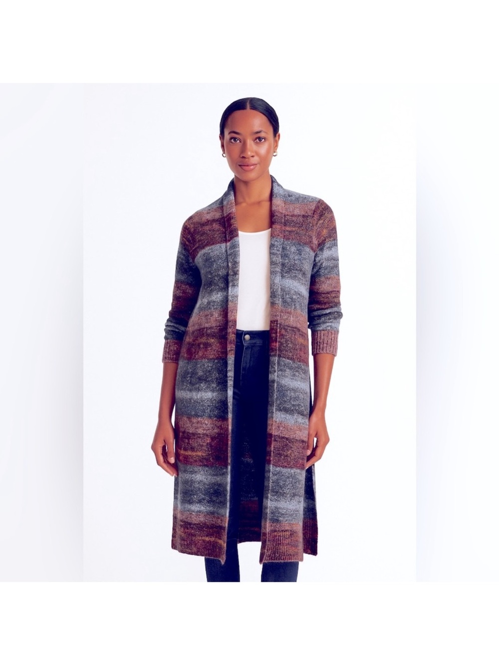 J.Jill Long Striped Open Cardigan with Side Slits
